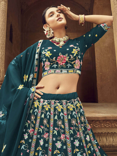 Marvelous Teal Blue Foil Mirror reception Georgette Lahenga Choli